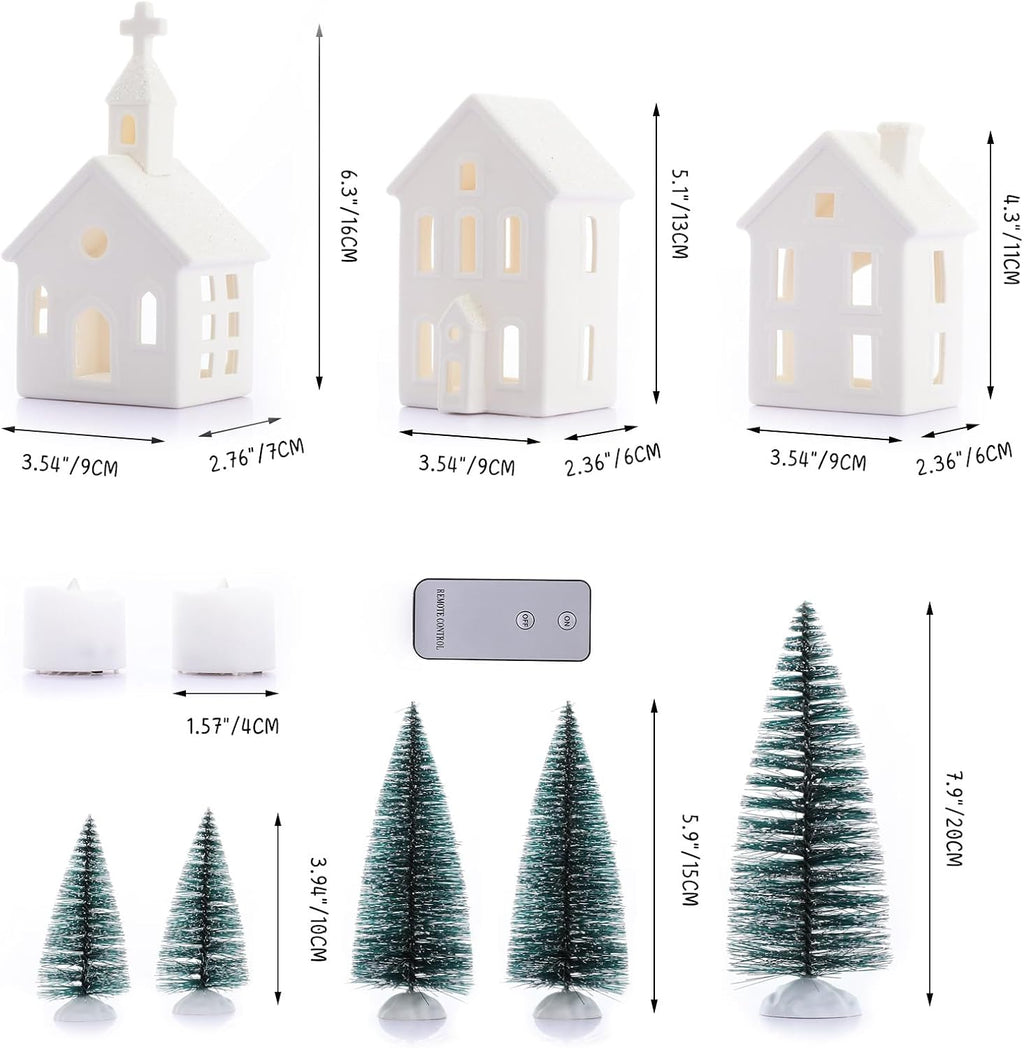 9-piece lighted christmas village set, 4 ceramic houses, close-up detail