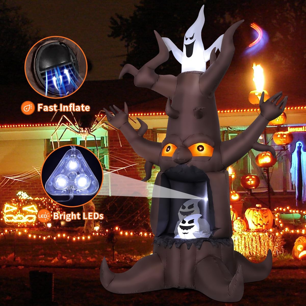 goosh 9 ft halloween inflatable animated dead tree, close-up detail