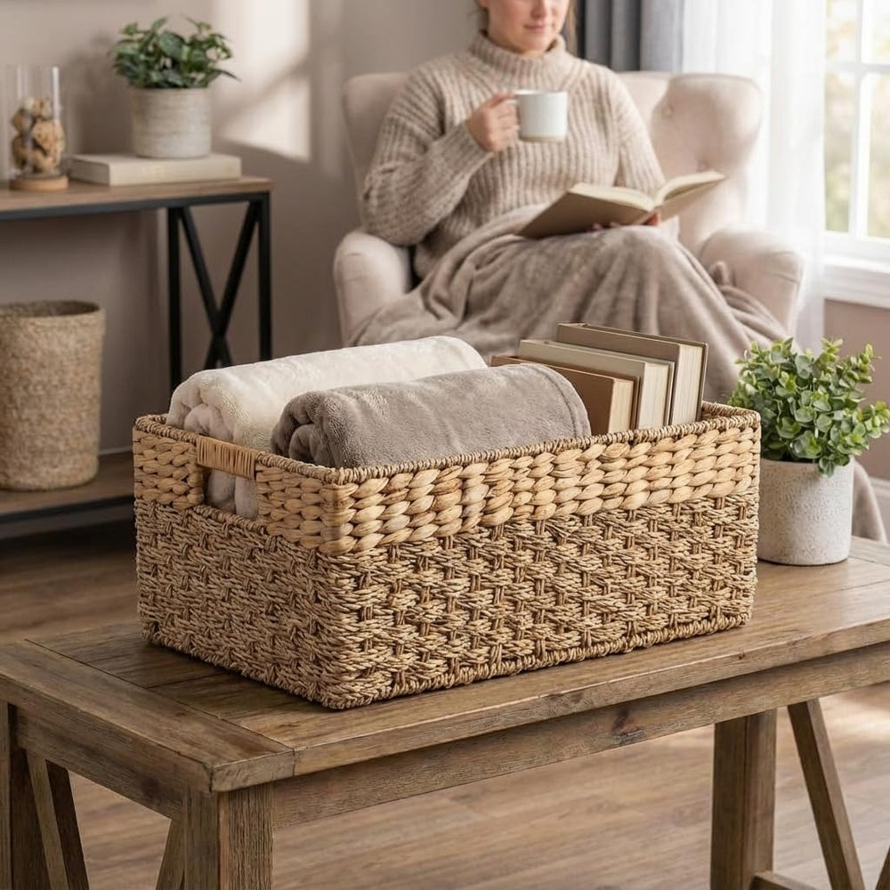 Large Wicker Storage Basket with Handles, Seagrass Hyacinth, 17x11 x7.5 in