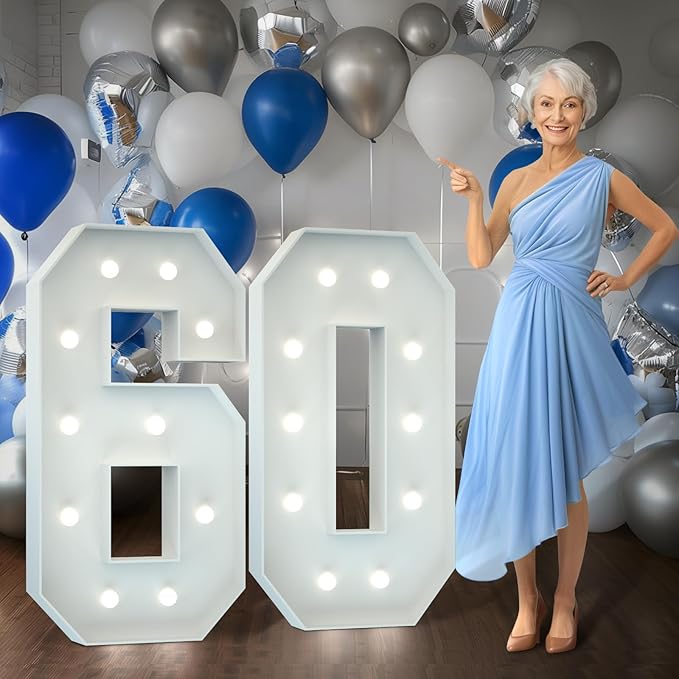 Marquee Numbers 4 Feet Tall Big Light Up Numbers 60th Birthday Decorations Women Men White Anniversary Party Decor Large Cardboard Prop Backdrop Sign 60