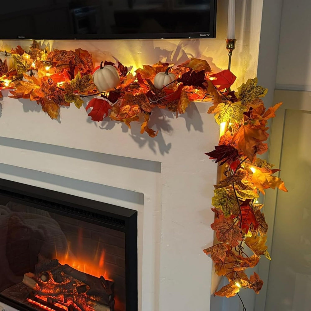 8 Pack Fall Leaf Garland with Lights,Fall Decor Halloween Lights Artificial M...