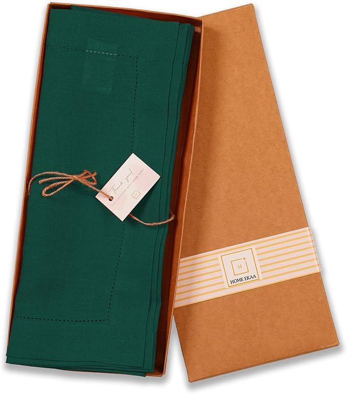 Linen Table Runner 14 x 72 Inch Long - 100% Pure Linen Christmas Green Table Runner - Cloth Fabric Hemstitch Runner for Thanksgiving, Christmas, Winter, New Year - Elara