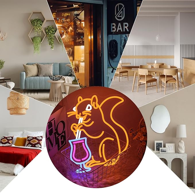 Squirrel Cocktail Neon Sign for Wall Decor, Orange Squirrel Neon Light, USB Powered Animal Cocktail Bar Led Light Up Sign for Bar, Bedroom, Man Cave, Business, Game Room