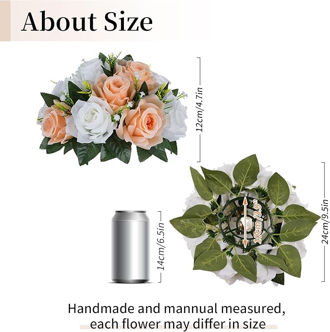 BLOSMON Rose Flower Balls Centerpieces: 6pcs 9.5 Inch Peach Fuzz Fake Flowers Kissing Balls Decor Artificial Wedding Floral Arrangements Silk Bouquet with Base Home Party Room Table DIY Decorations