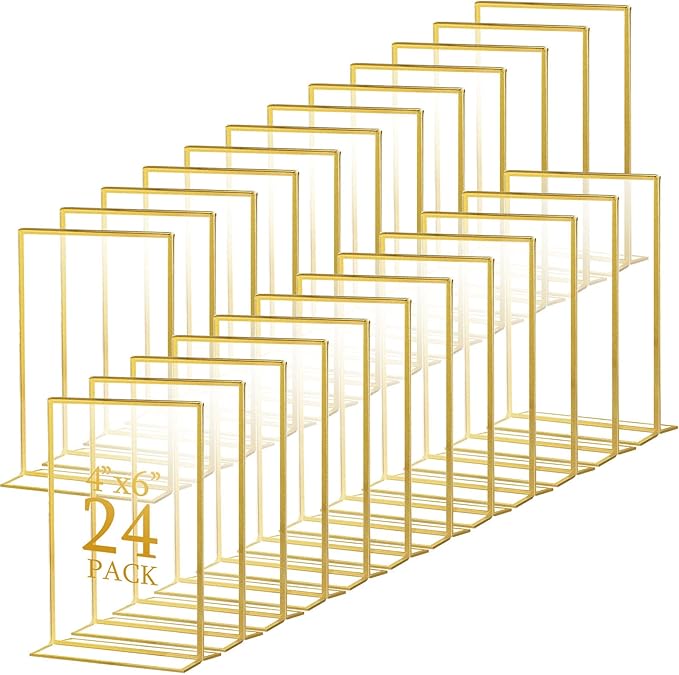 Hoteam 24 Pack 4 x 6 Clear Acrylic Sign Holder with Gold Borders, Gold Picture Frame, Double Sided Wedding Table Number, Acrylic Menu Stands for Wedding Table, Restaurant Sign, Photos Display