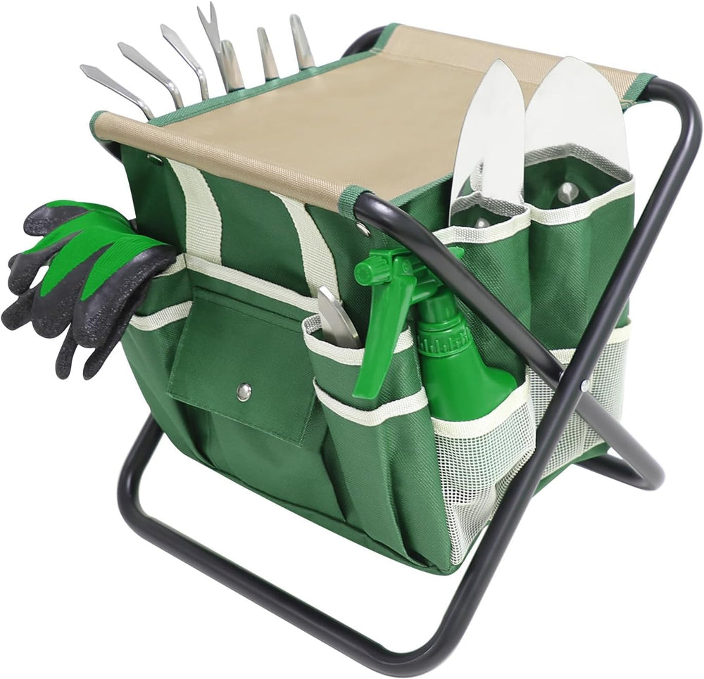 Garden Tool Set, 10 Piece Kit with Heavy Duty Folding Stool, Detachable Stora...