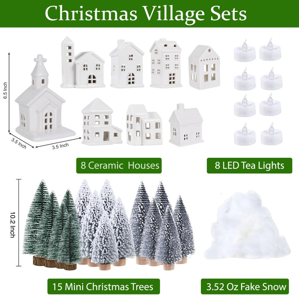 white ceramic christmas village house sets christmas decor, close-up detail