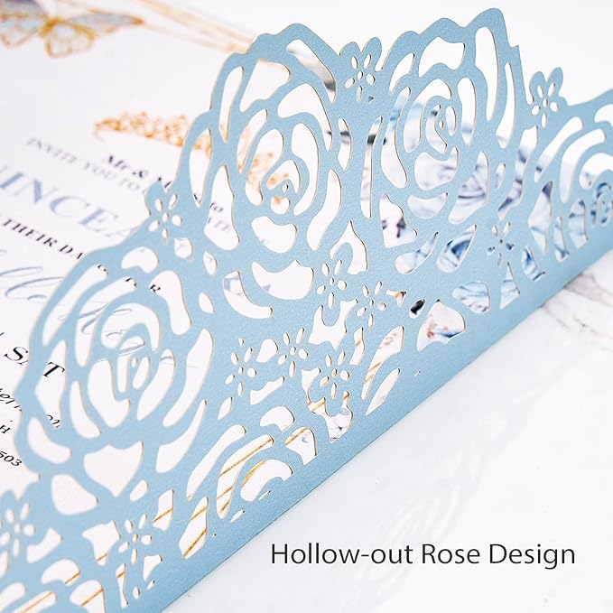 50 Set Light Blue Wedding Invitations Butterfly Laser Cut Invitations Pocket with Blank Inner Cards Rsvp Envelopes Stickers - Personalized Party Invites for Baby Bridal Shower QuinceañEa