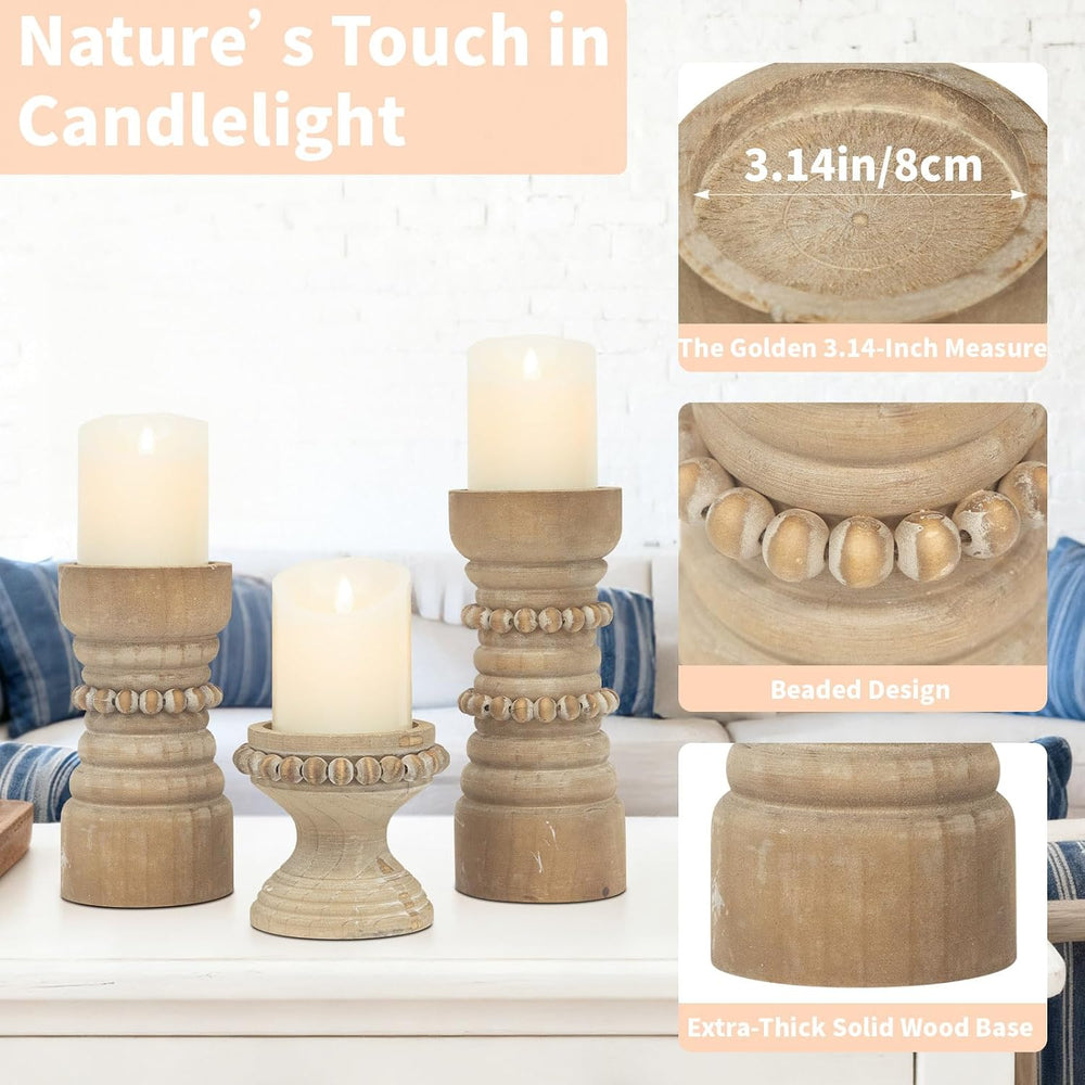 Rustic Natural Wood Candle Holders Set of 3, Farmhouse Beaded Wood Pillar Can...