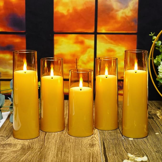 Flickering Flameless Candles Battery Operated with Remote and 2/4/6/8 H Timer Plexiglass Led Pillar Candles Pack of 9 (D2.3 xH 6" 7" 8") with Realistic Moving Wick Candles for Home Decor(Gold)