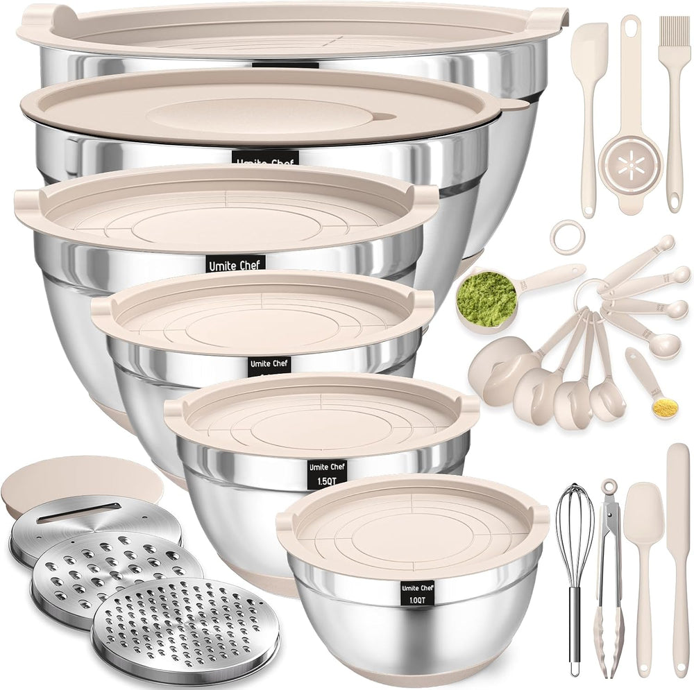 Mixing Bowls with Airtight Lids Set, 26PCS Stainless Steel Khaki Bowls with G...