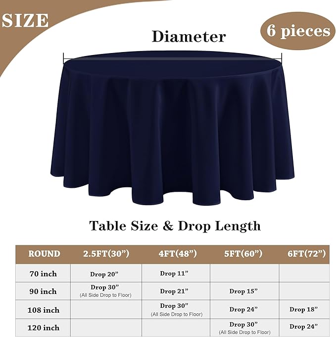 Fitable 6 Pack Navy Round Table Clothes - 90 Inches in Diameter - Stain Resistant and Washable Tablecloths, Polyester Fabric Table Covers for Wedding, Party, Banquet, Gathering