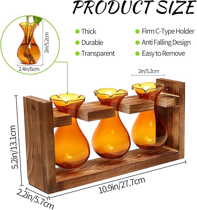 Plant Propagation Station Plant Terrarium Unique Birthday Gifts for Women Home Office Decor Planter with Wooden Stand - 3 Bulb Glass Vase