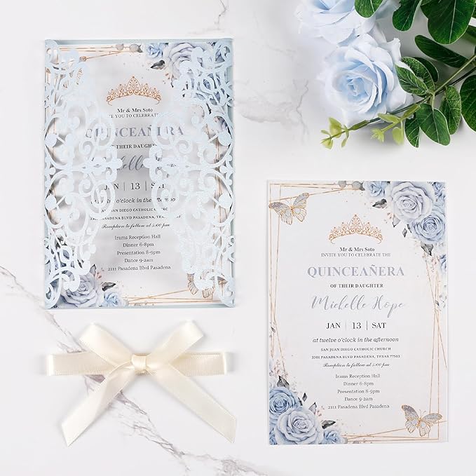 50pcs Laser Cut Wedding Invitation Pockets 5x7 '' Dusty Blue Wedding Invitations Kit With Envelopes Blank Inner Sheet and Ribbon for Wedding Bridal Shower Quinceanera Engagement Party Invite