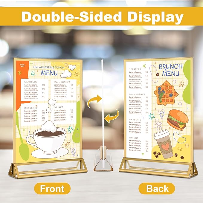 EHWINE 12 Pack Acrylic Sign Holder 5 x 7, Double Sided Gold Picture Frame Stand up Table Top Sign Holders, Clear Display Stand Menu Flyer Holder for Wedding Party (Provide Non-slip Mats)