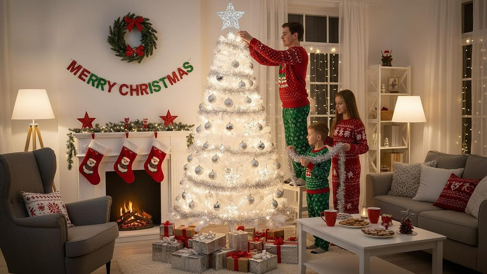 KTKDE 7.5FT White Christmas Tree, Artificial Holiday Christmas Tree with 1450...
