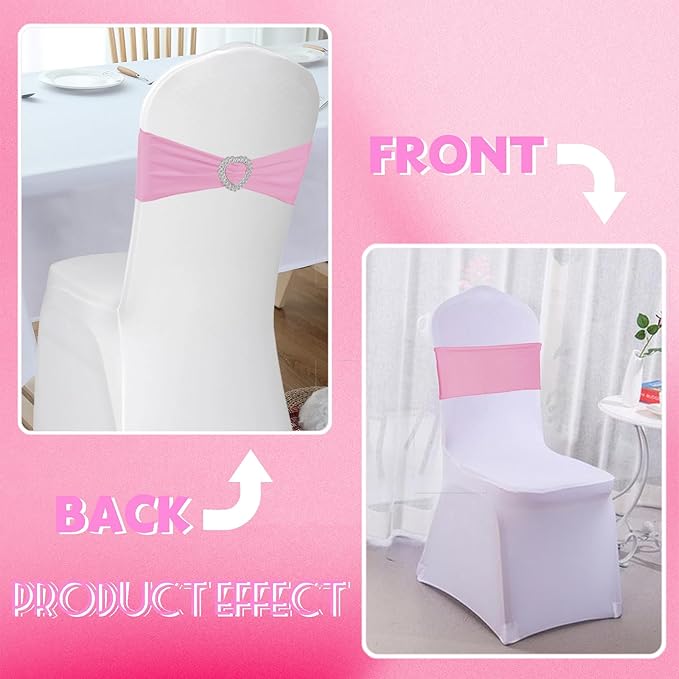 100PCS Spandex Stretch Chair Sashes Bows Universal Elastic Chair Cover Bands Ties with Buckle Slider for Wedding Party Birthday Reception Events Banquet Decoration(Pink)