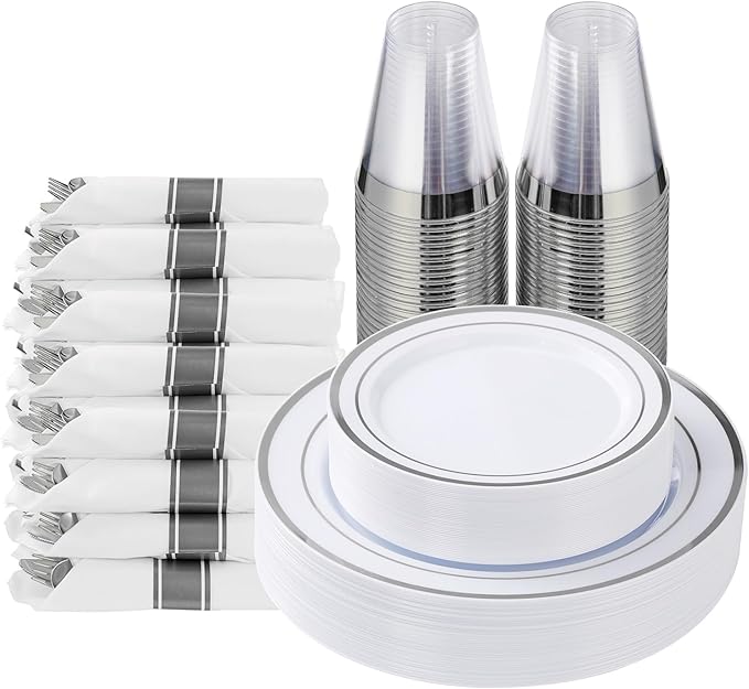 Goodluck 175 Piece Silver Plastic Dinnerware Set for 25 Guests, Fancy Disposable Plates for Party, Include: 25 Dinner Plates, 25 Dessert Plates, 25 Pre Rolled Napkins with Silver Silverware, 25 Cups