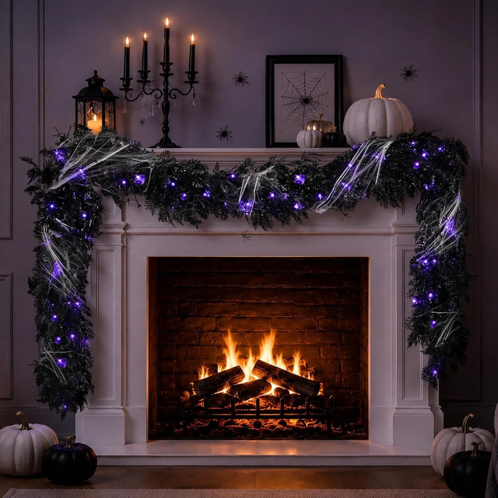 Pre-lit Halloween Garland Decorations Black Real Touch Cedar Cypress with Berry & Spider & Spiderweb Halloween Garland for Mantle, Fireplace, Table, Stairs, Door, Indoor Outdoor Decor, 9FT