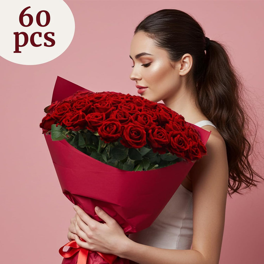 Auihiay 60Pcs Red Roses Artificial Flowers, Faux Roses, Velvet Silk