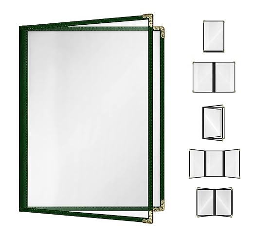 Goodsmart Restaurant Menu Covers - 25 Pack Green2-Page/4-View 8.5" x 11", Side-Loading Vinyl Menu Holders, Clear Sleeves, Double-Stitched Edge, Leather-Style Café Menu Covers with Gold Corners