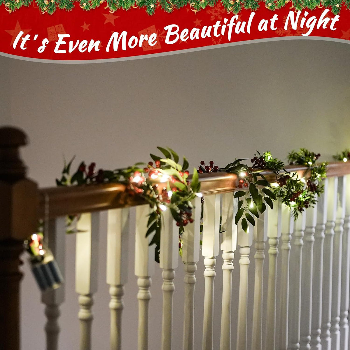 2 Pack 6FT Pre-lit Christmas Garland with Lights - Artificial Holly Berries Garland with Greenery and Pine Cones for Indoor Outdoor Holiday Decor Fireplace Mantle Stair Railing Table Windows