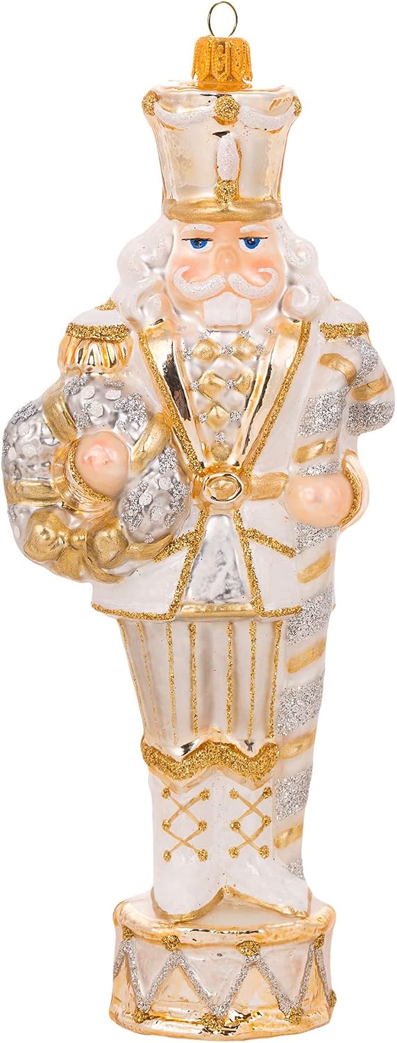 Miss Christmas 2026 Collection Fancy Nutcracker Soldier 7-Inch Blown Glass Christmas Tree Ornament (Elegant White Nutcracker)
