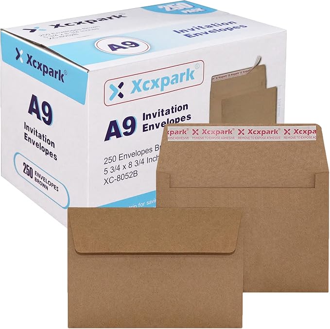 250 Qty Printable A9 Invitation Envelopes 5.75 x 8.75 Cards, Self Seal 120GSM Brown Paper Envelopes for Invitations, Papers, Photos, Documents, Wedding, Baby Shower, Easy to Seal and Peel