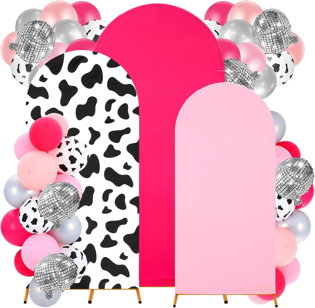 Foilswirl 34 Pieces Disco Cowgirl Party Decorations Cowgirl Arch Covers 4ft 5ft 6ft Pink Spandex Backdrop Covers Hot Pink Silver Balloon Disco Foil Balloons for Birthday Bachelorette Wedding Party