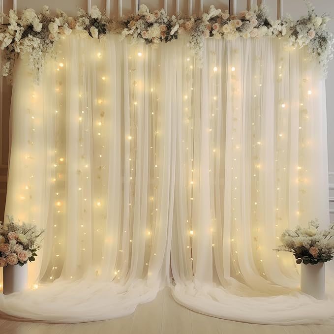 20×10ft Cream White Tulle Backdrop Curtain with Lights String for Parites, Sheer Curtain Backdrop Drapes for Wedding Party Home Decorations