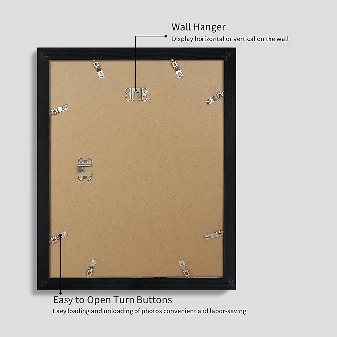 11x14 Picture Frame Set of 4 with Tempered Glass, Black Frame Display 8x10 Picture with Mat or 11 x 14 Without Mat, Rustic Wood Photo Frames for Horizontal or Vertical Wall Mounting