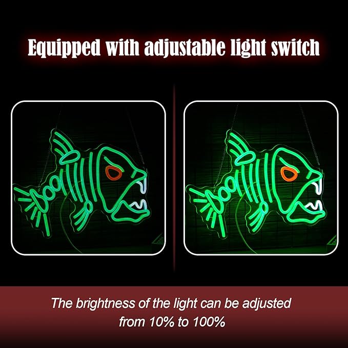 Fish Neon Sign LED Skeleton Fish Neon Light for Wall Decor Dimmable Green Fish Bones Light Up Sign for Living Room Game Room Restaurant Man Cave Art Wall Decoration (16.7 ''*12.8 '')