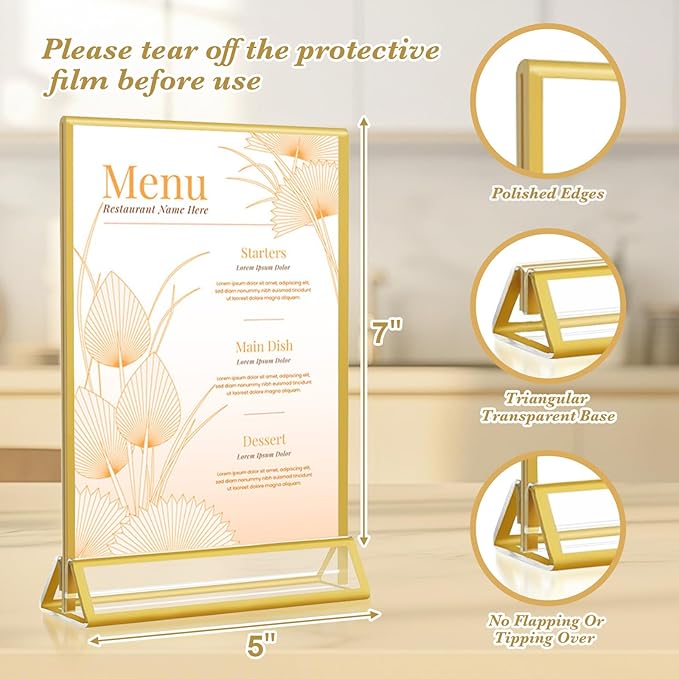 Gold Acrylic Sign Holder 5x7, 16 Pack Wedding Gold Frame Table Number Holders Vertical, Clear Picture Frames Flyer Stands Tables Menu Holder, Double Photo Paper Display Holder for Party, Home, Office