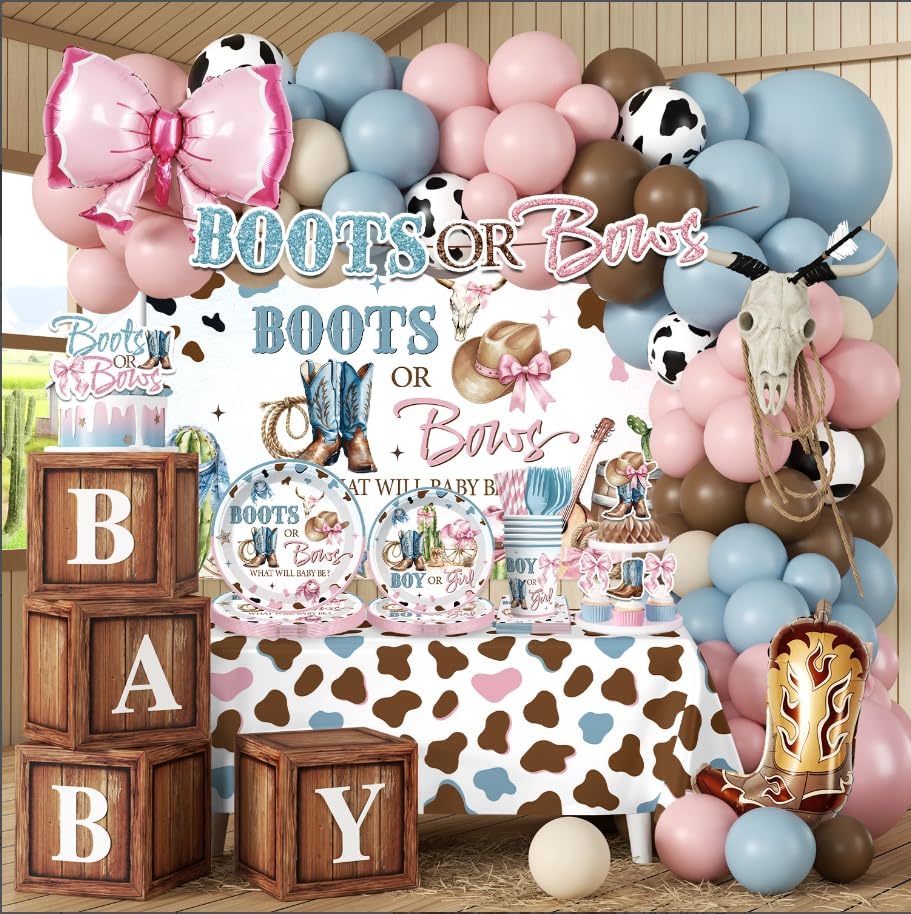 297Pcs Boots or Bows Gender Reveal Decorations Set for 25 Guests