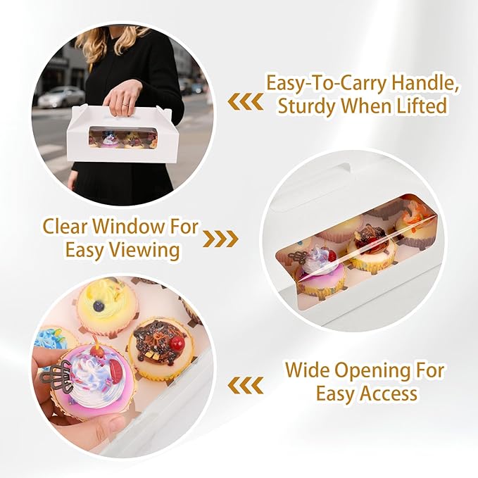 White Cupcake Boxes 12 Count, 30 Pcs Cupcake Containers with Handle, Window, and Inserts – Holds 360 Standard Cupcakes, Food-Grade Gable Boxes for Muffins, Cakes, and Party Desserts