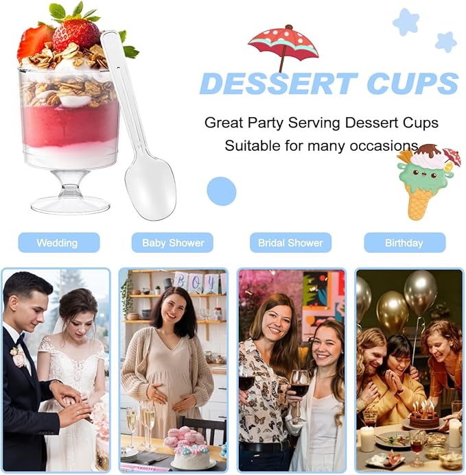 200 Pack Dessert Cups with Spoons,5Oz Clear Plastic Parfait Cup,Disposable Appetizer Cups Mini Shooter Cups for Fruit Ice Cream Mousse Pudding and Party