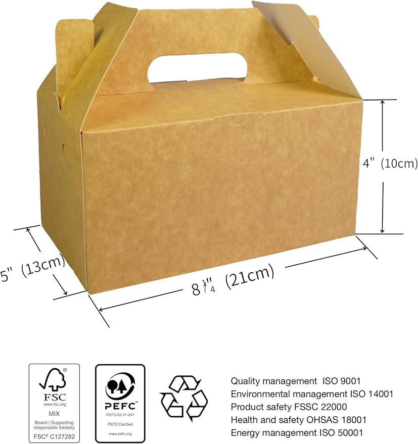 PandaPandaPPS 50 Pack Brown Gable Boxes (8.25"×5"×4") for Foods, Gifts and Party Favors, Treat Boxes Candy Cookie Snack Goodie Gift Boxes for Birthday, Wedding, Baby Shower
