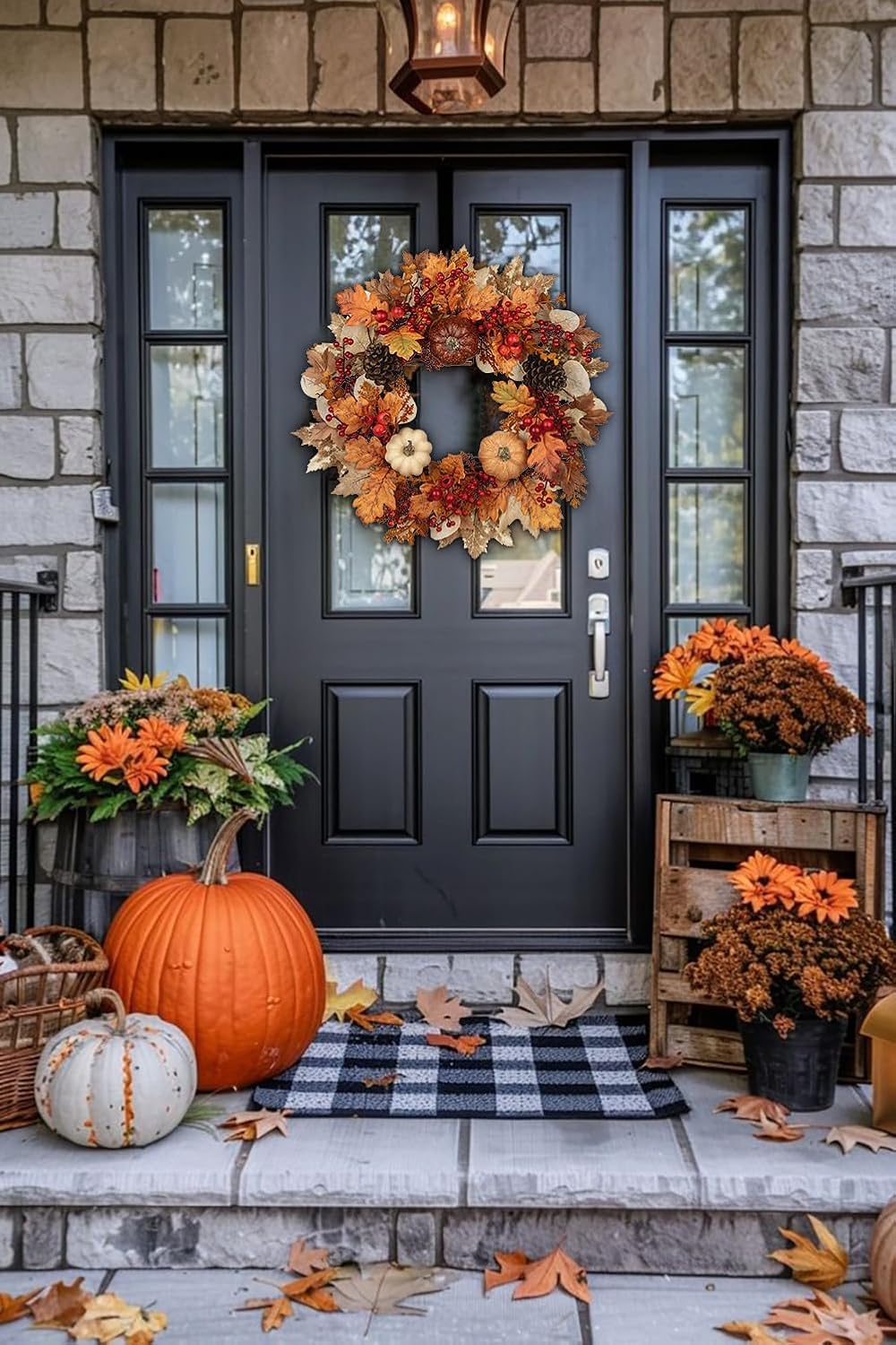 22" artificial fall wreath for front door autumn, side view