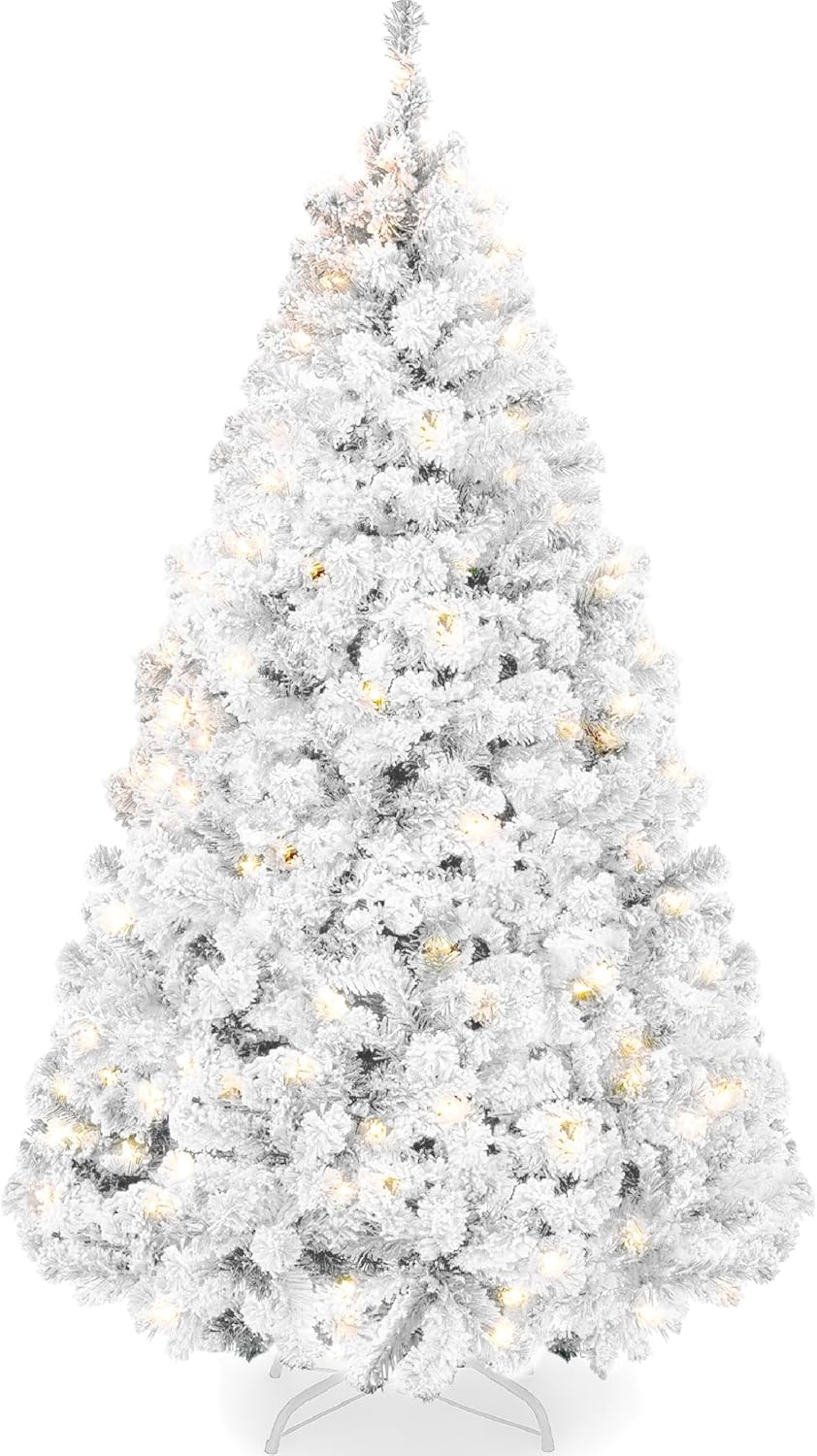 Best Choice Products Pre-Lit White Christmas Tree, 6ft Artificial Snow Flocked Full Fir Tree, Holiday Decoration w/ 250 Lights, 928 Branch Tips