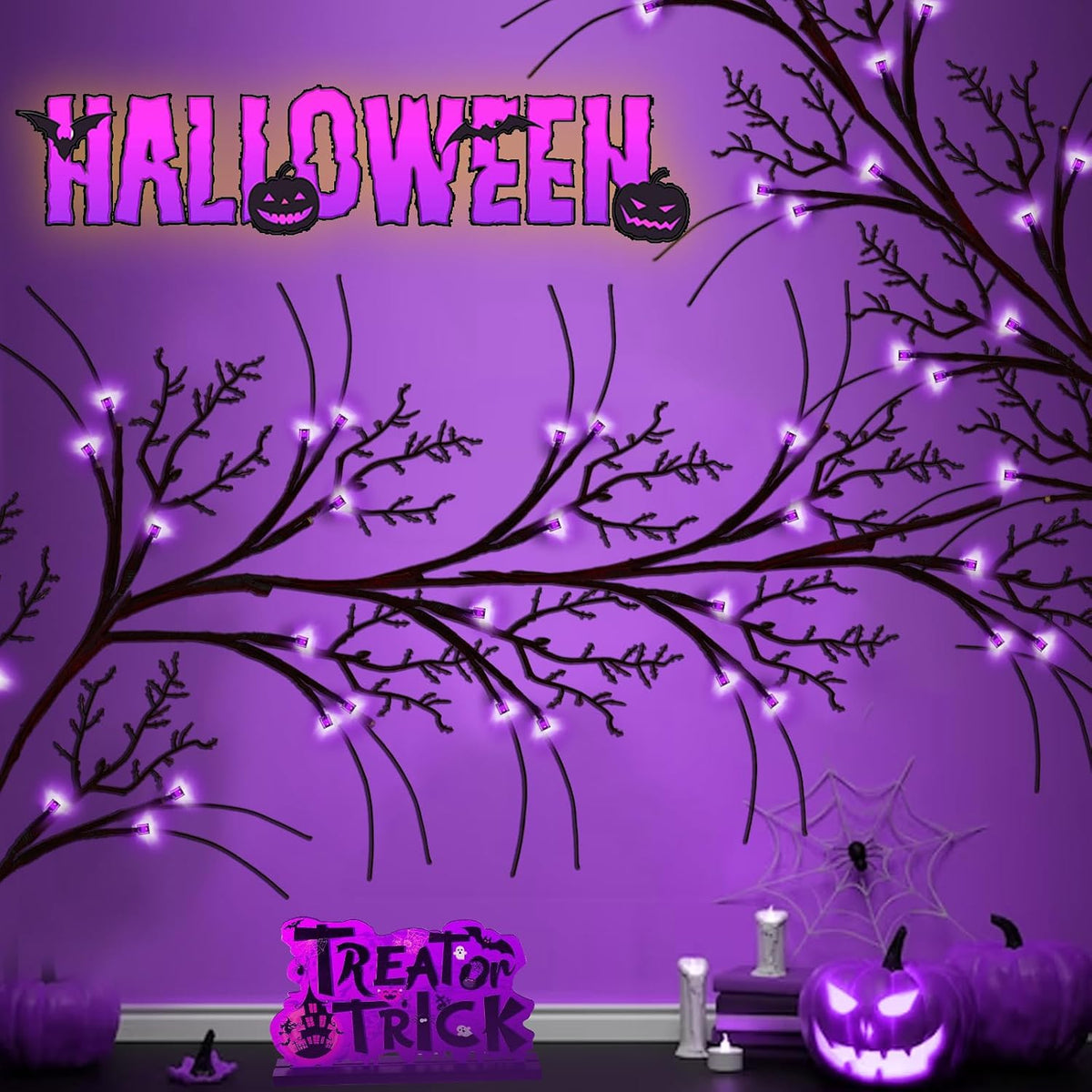 Couah [8 Modes & Timer] 9 Ft 72 LED Halloween Willow Vine Twig Garland with Purple Lights Battery Operated Indoor/Outdoor Wall Fireplace Mantle Halloween Decorations