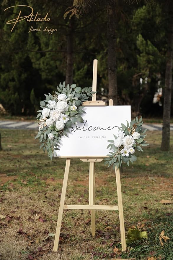 Faux Flower Swag Set of 2 for Wedding Welcome Signs Floral Swag Wedding Reception Ceremony Signs Decor (A-White)