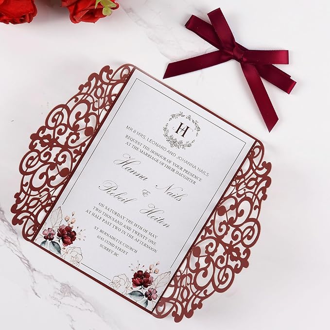 50pcs Burgundy Wedding Invitation Cards Pocket with Envelope Blank Inner Sheets Ribbons laser Cut invitations for Wedding Bridal Shower QuinceañEra Engagement Birthday Invites