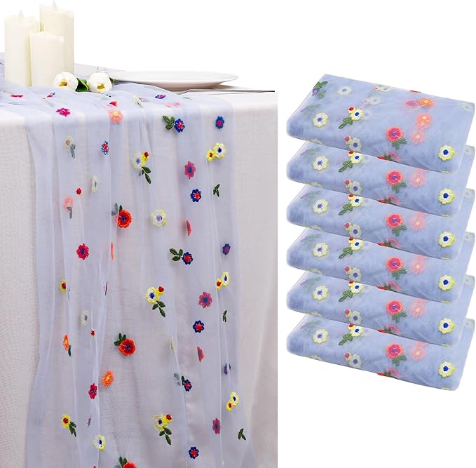 BINBE 6pcs Daisy Fall Table Runner Embroidery Gauze 10FT Florals Seasonal Tulle Holiday Birthday Kitchen Dining Table Decor for Home Party Blue