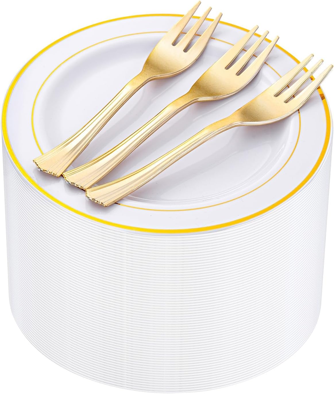 WELLIFE 240 Pcs Disposable Dessert Plates with Gold Plastic Forks, 120 White 6.5 Inch Appetizer Cake Salad Plates with Gold Rim, Party Tableware Set for 120 Guests, Wedding, Birthday, Catering