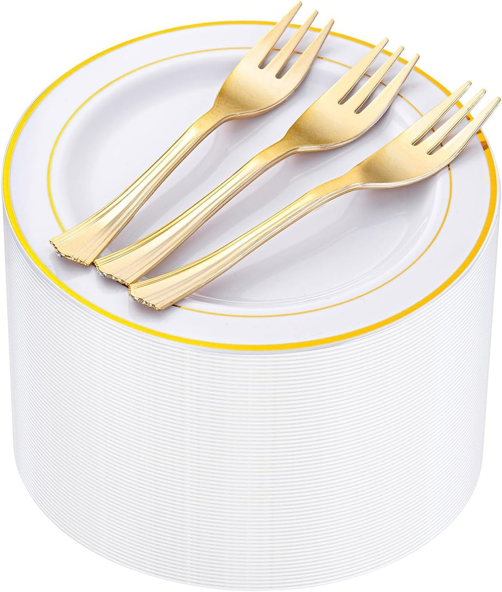 wellife 240 pcs disposable dessert plates with gold shown in use