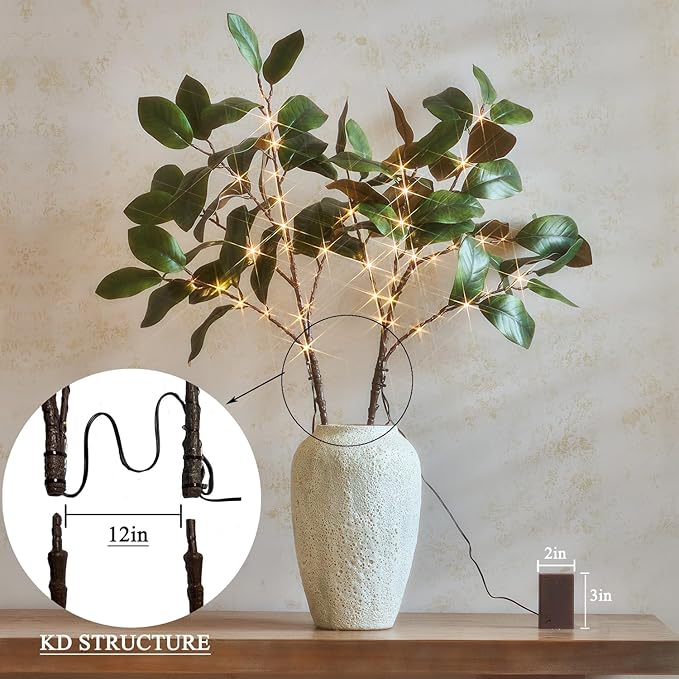 Hairui Lighted Magnolia Branches with Timer 32IN Battery Operated or USB Plug in, Faux Greenery Willow Branch with Lights 60 LED Fairy Lights for Room Fireplace Spring Decoration