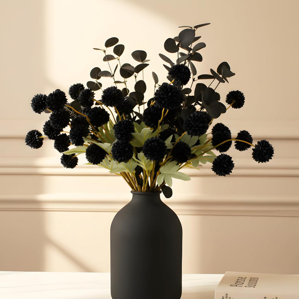 12 Black Artificial Flowers & Eucalyptus Long Stems, Halloween Decor