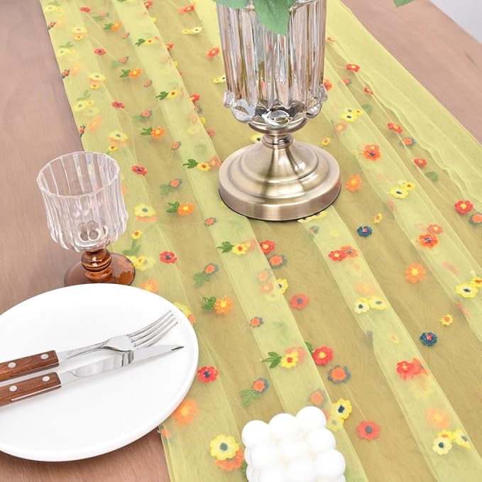 Joanlody 3pcs Yellow Embroidery Daisy Fall Thanksgiving Table Runner Florals Seasonal Tulle Table Runner Holiday Kitchen Dining Table Decoration Wedding Party