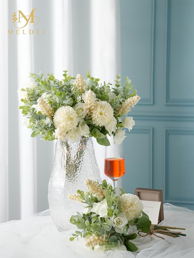 Meldel 3Pcs Rose Bouquet Artificial Fake Flowers Eucalyptus Plants Silk Flower Arrangements Wedding Bouquets Decorations Plastic Floral Table Centerpieces for Home Kitchen Garden Party Decor (White)