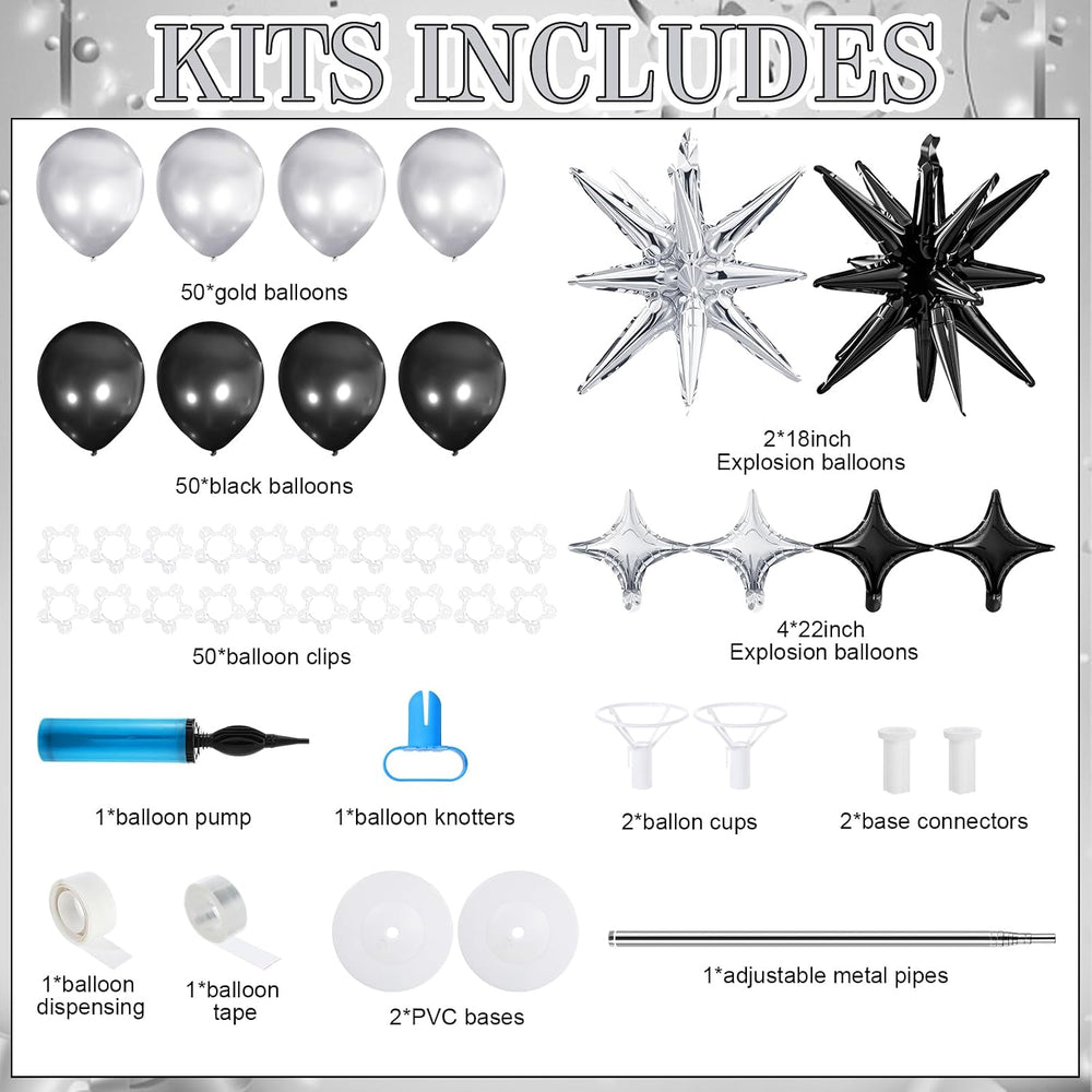 Soulchen 110 Pcs Black Silver Explosion Balloons Column Stand Kit